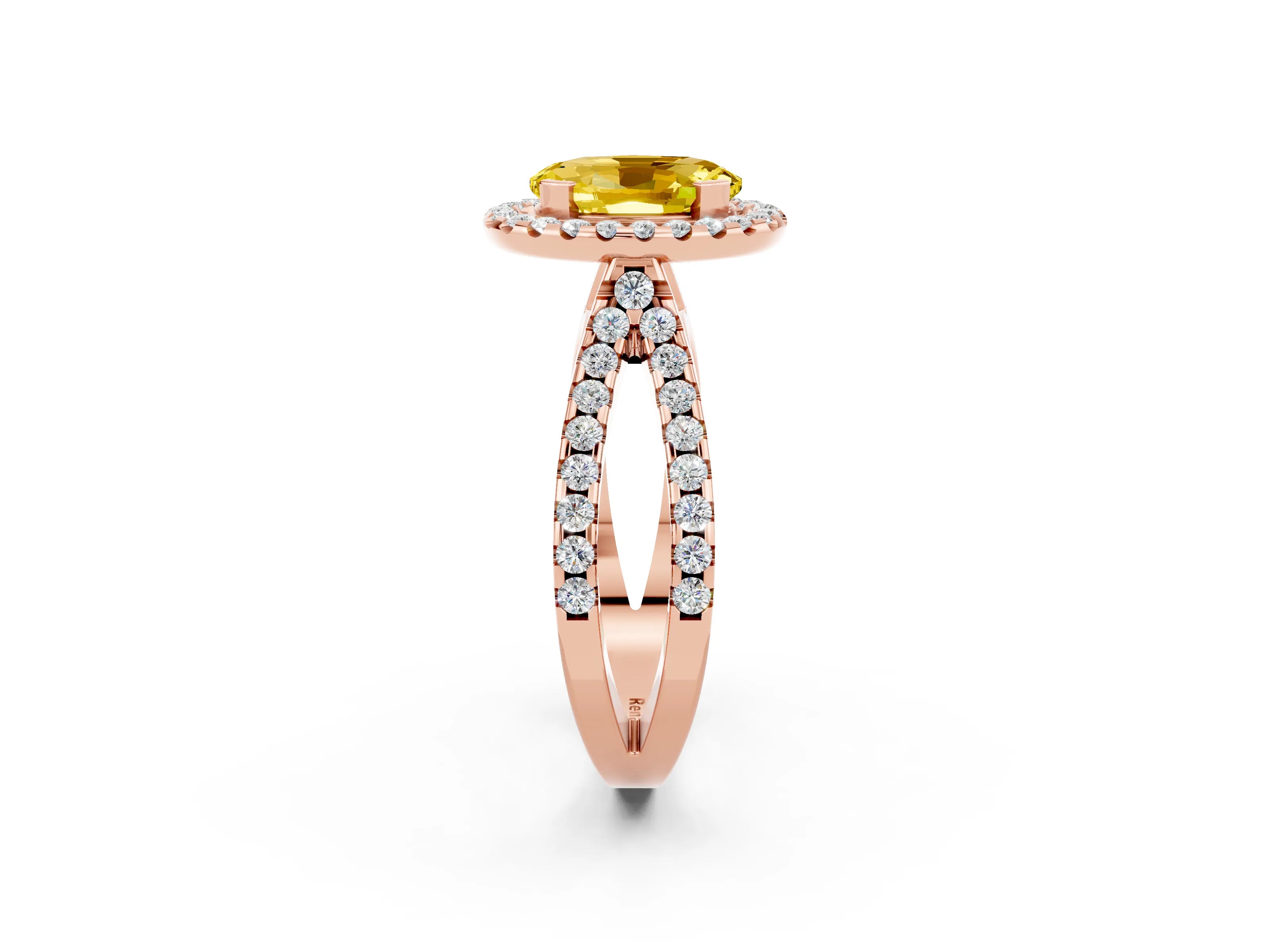 Rose gold Oval Cut Yellow Sapphire Halo Ring with Split Shank Pavé Band and Prong Setting_14