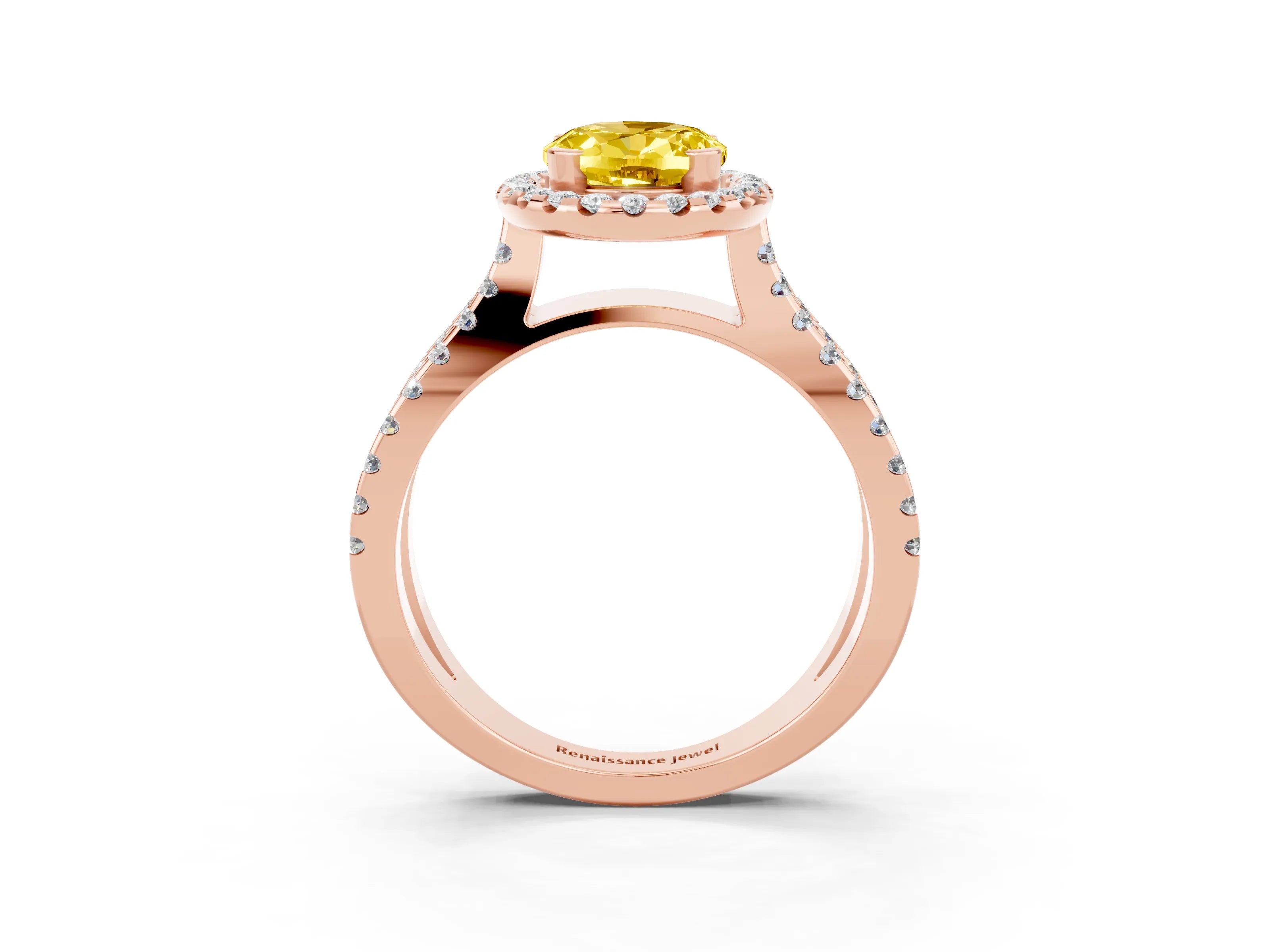 Rose gold Oval Cut Yellow Sapphire Halo Ring with Split Shank Pavé Band and Prong Setting_15