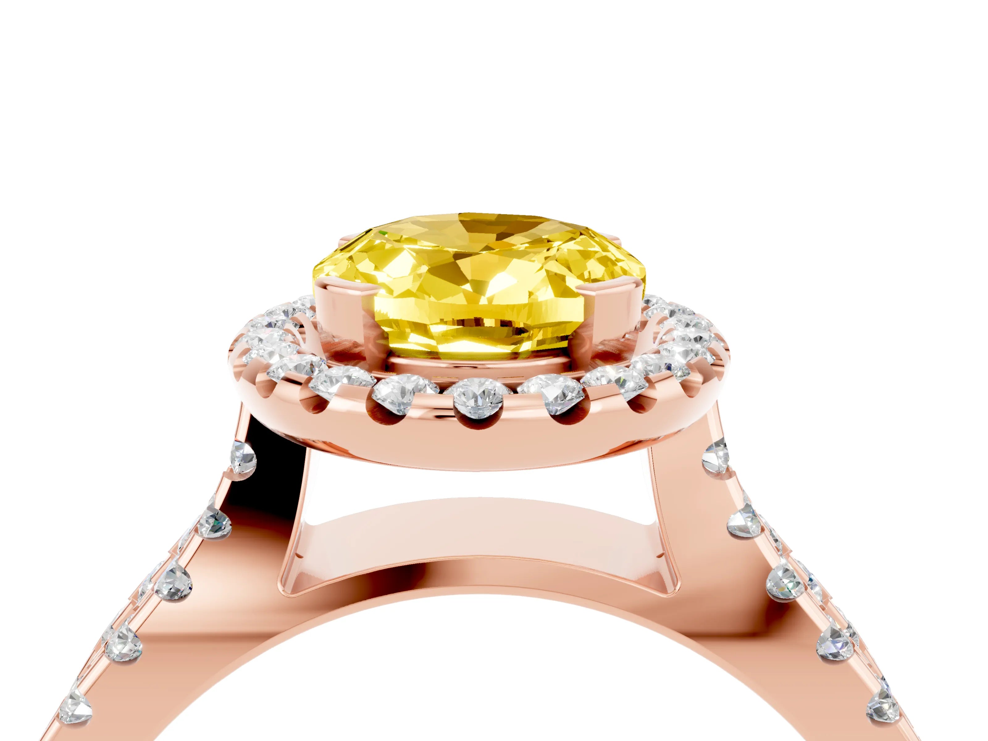 Rose gold Oval Cut Yellow Sapphire Halo Ring with Split Shank Pavé Band and Prong Setting_16