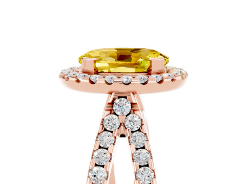 Rose gold Oval Cut Yellow Sapphire Halo Ring with Split Shank Pavé Band and Prong Setting_17