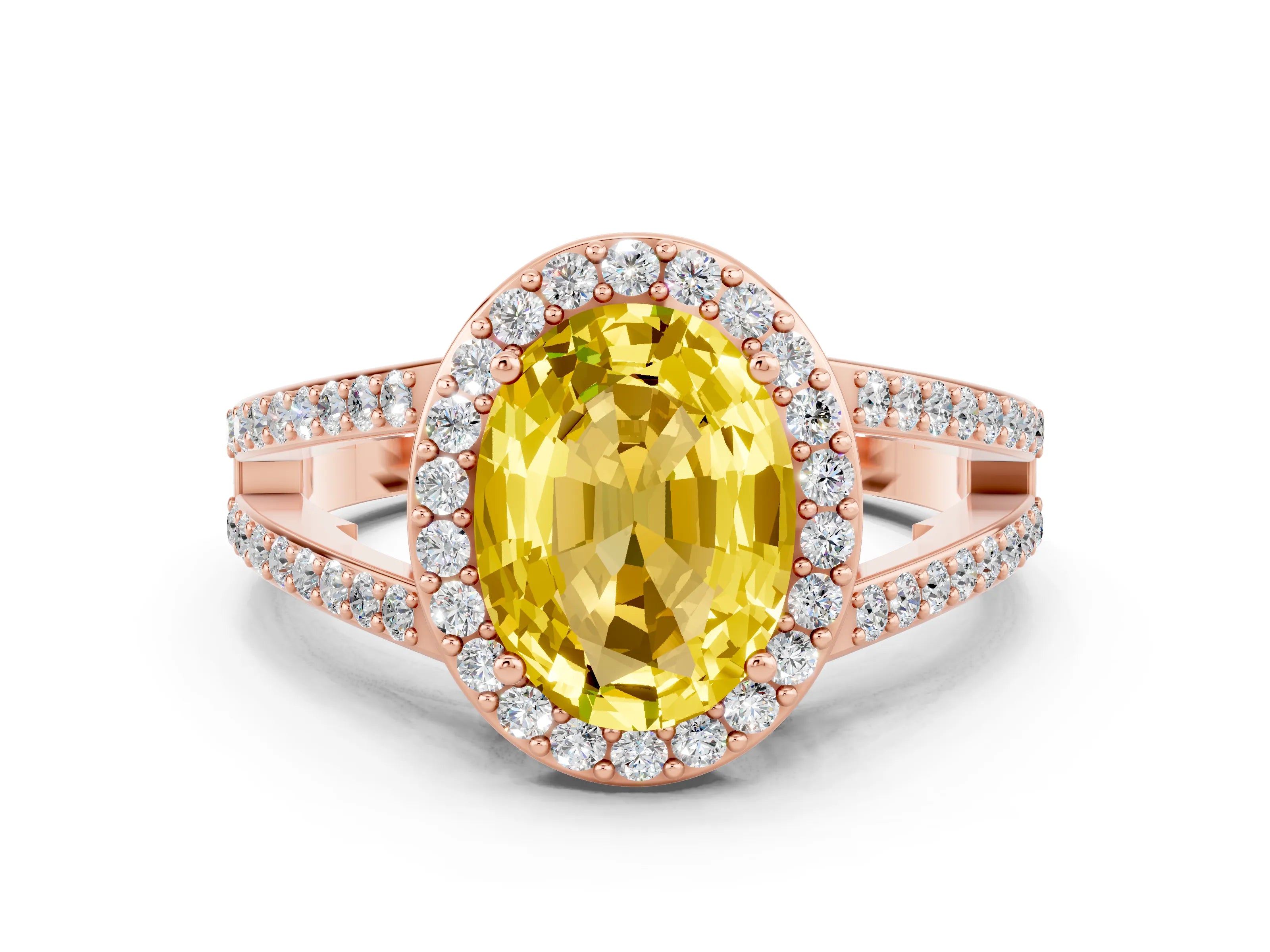 Rose gold Oval Cut Yellow Sapphire Halo Ring with Split Shank U-Prong Band and Four-Prong Setting