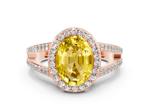 Rose gold Oval Cut Yellow Sapphire Halo Ring with Split Shank U-Prong Band and Four-Prong Setting
