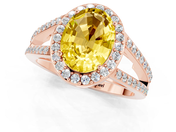 Rose gold Oval Cut Yellow Sapphire Halo Ring with Split Shank U-Prong Band and Four-Prong Setting