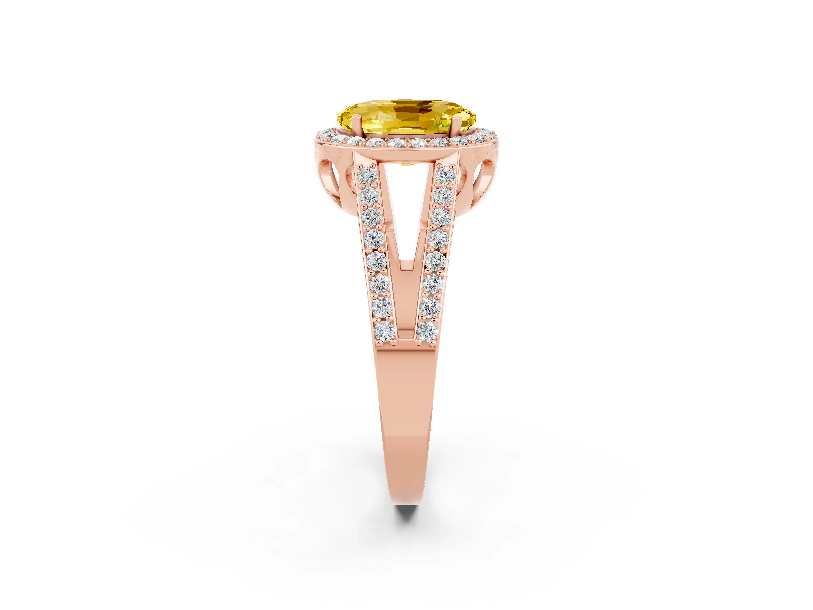 Rose gold Oval Cut Yellow Sapphire Halo Ring with Split Shank U-Prong Band and Four-Prong Setting_2