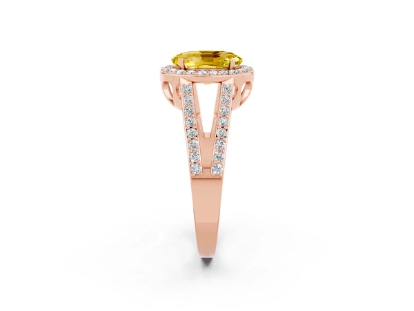 Rose gold Oval Cut Yellow Sapphire Halo Ring with Split Shank U-Prong Band and Four-Prong Setting