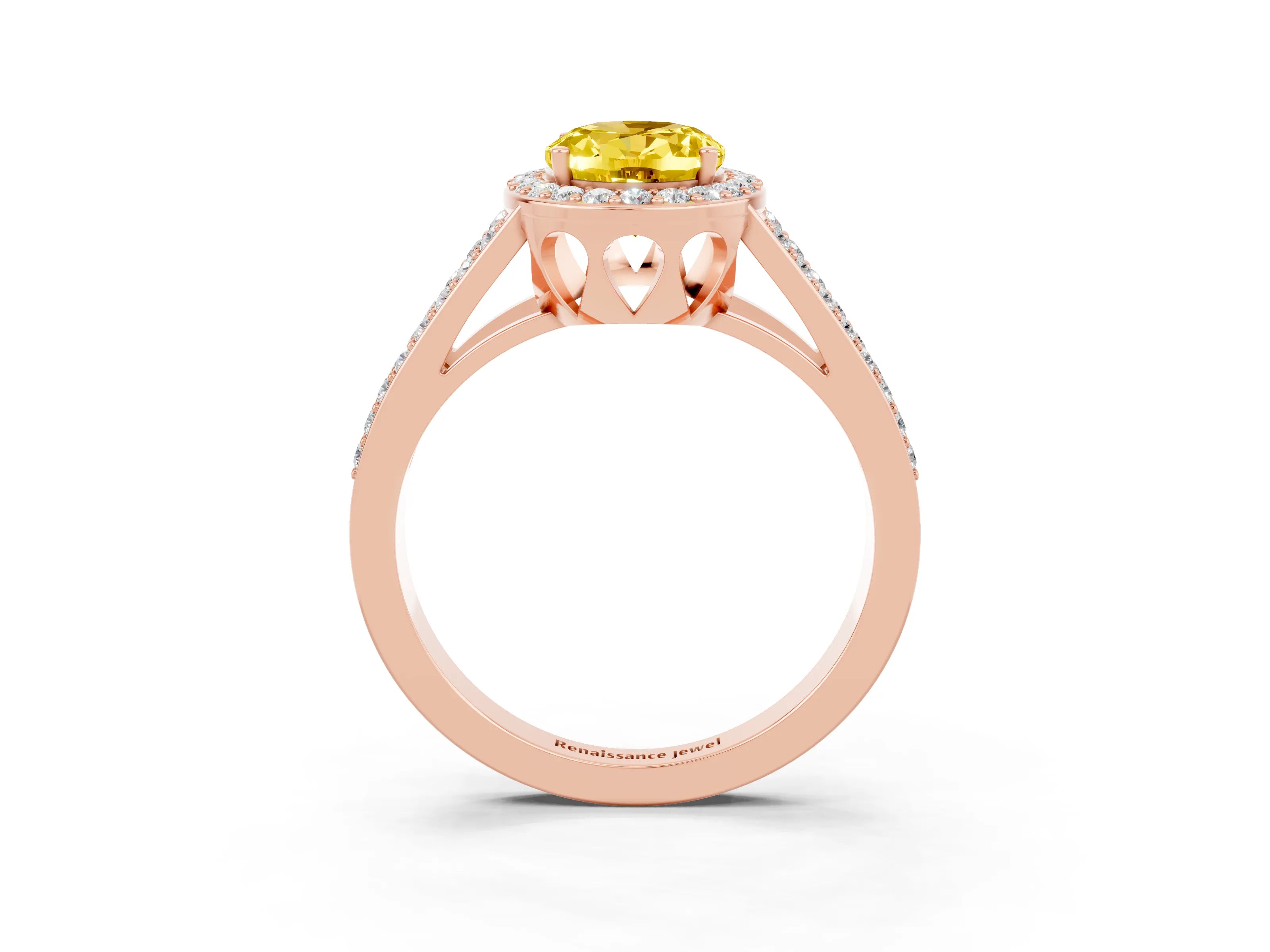 Rose gold Oval Cut Yellow Sapphire Halo Ring with Split Shank U-Prong Band and Four-Prong Setting_3
