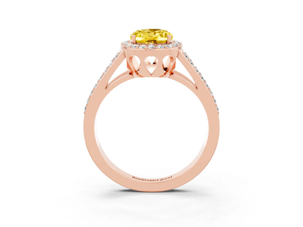 Rose gold Oval Cut Yellow Sapphire Halo Ring with Split Shank U-Prong Band and Four-Prong Setting