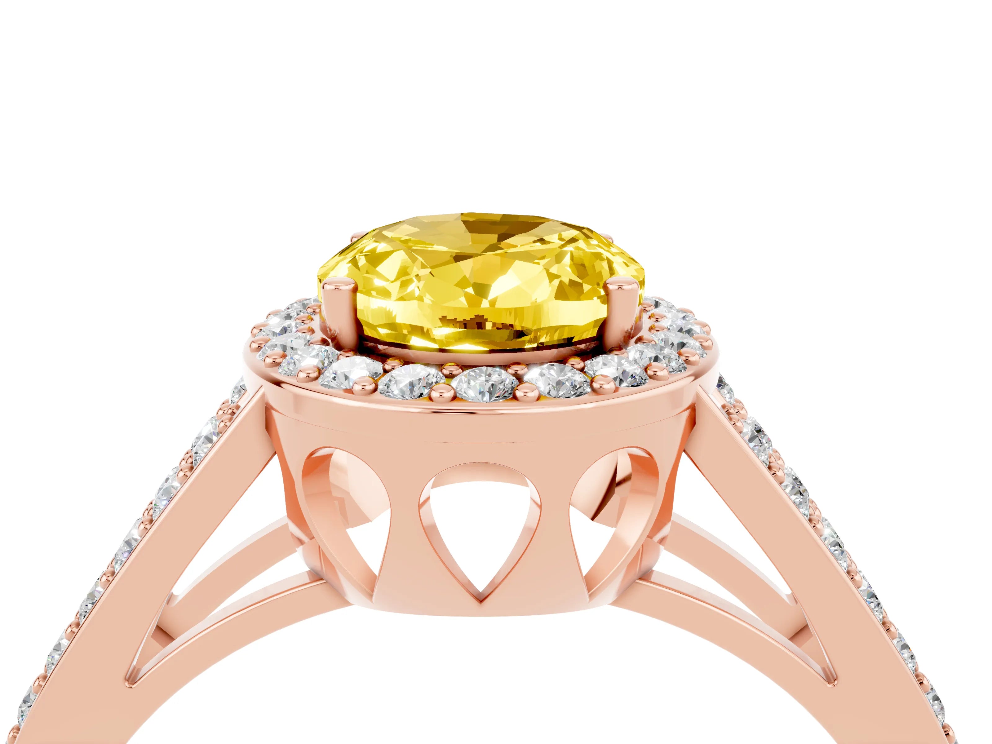 Rose gold Oval Cut Yellow Sapphire Halo Ring with Split Shank U-Prong Band and Four-Prong Setting_4