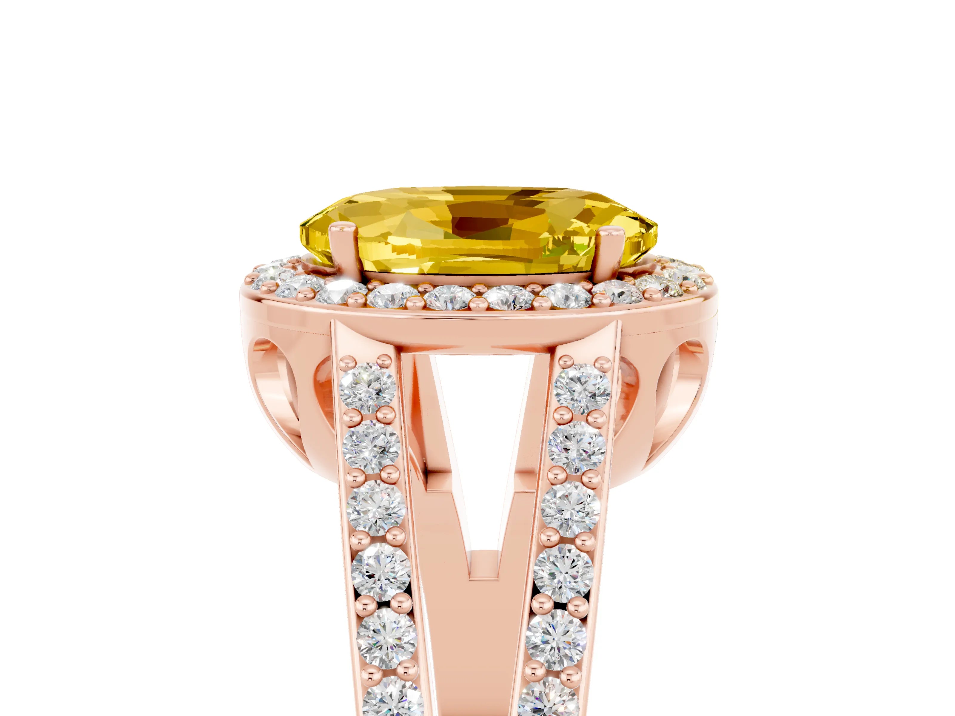Rose gold Oval Cut Yellow Sapphire Halo Ring with Split Shank U-Prong Band and Four-Prong Setting_5