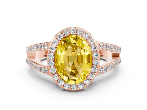 Rose gold Oval Cut Yellow Sapphire Halo Ring with Split Shank U-Prong Band and Four-Prong Setting