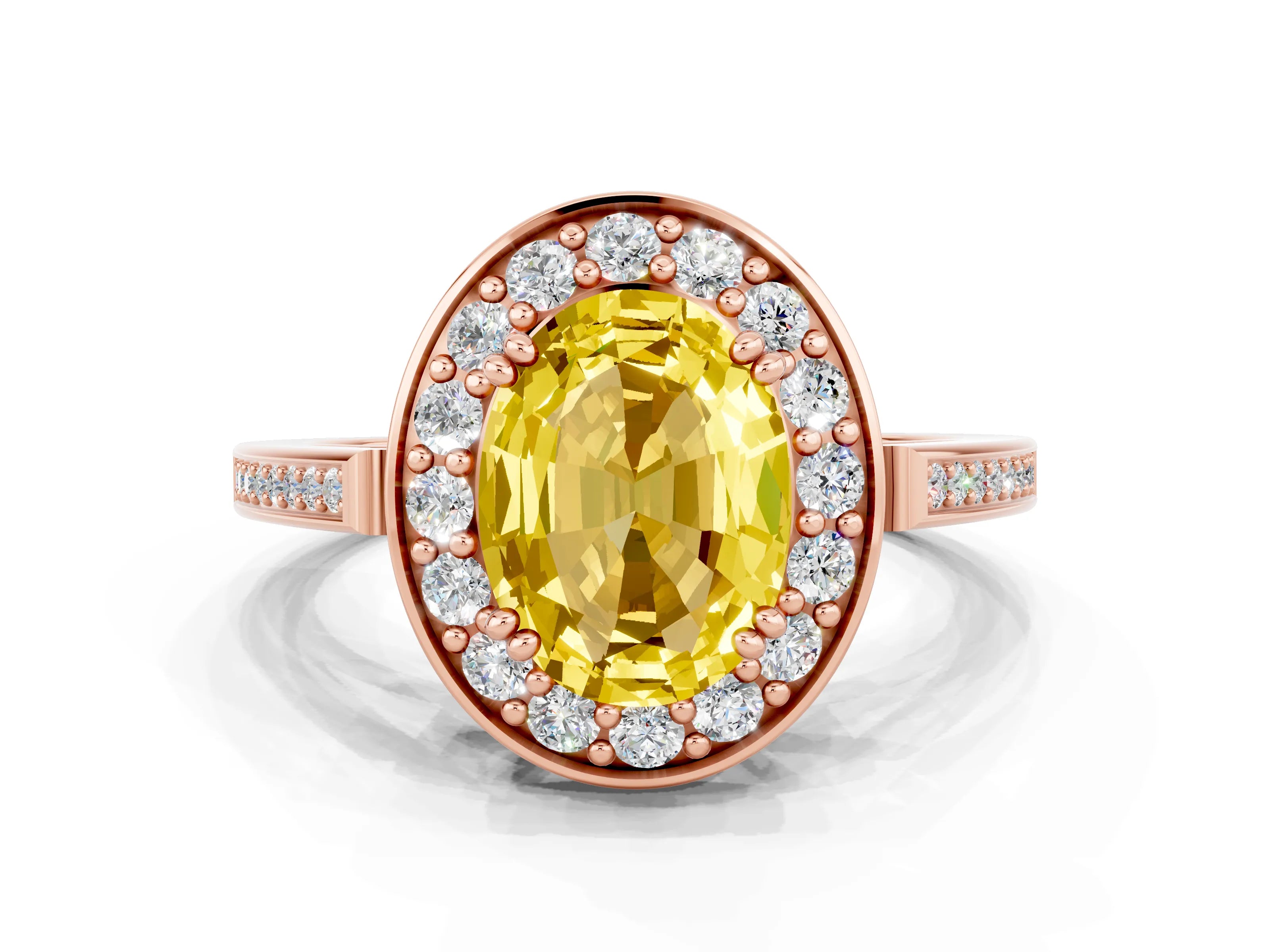 Rose gold Oval Cut Yellow Sapphire Halo Ring with Split Shank and Four-Prong Setting