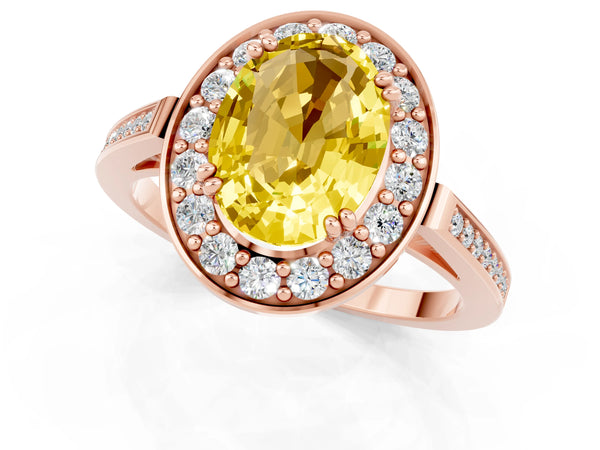 Rose gold Oval Cut Yellow Sapphire Halo Ring with Split Shank and Four-Prong Setting