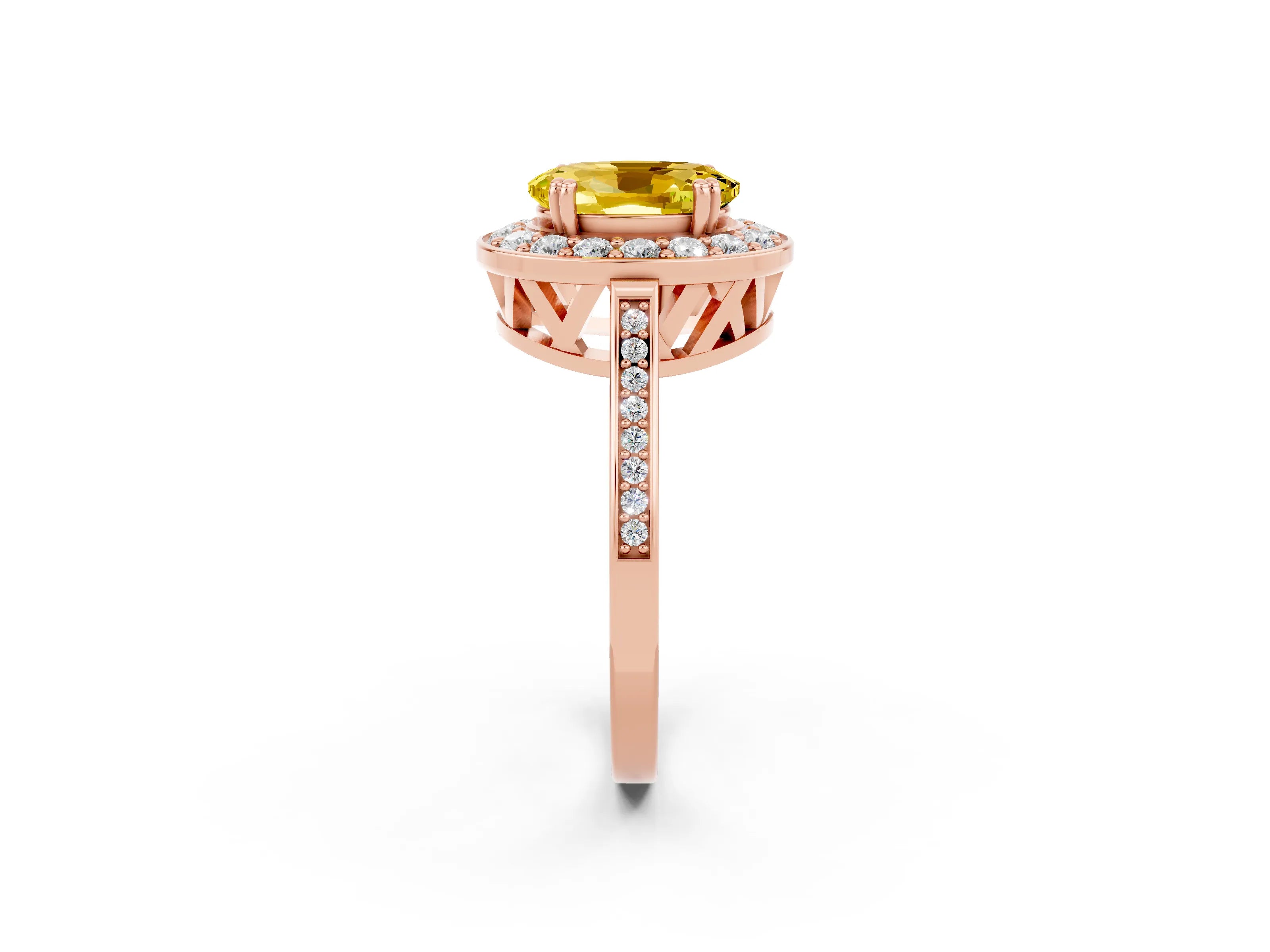 Rose gold Oval Cut Yellow Sapphire Halo Ring with Split Shank and Four-Prong Setting_2