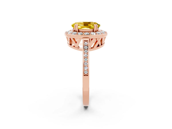 Rose gold Oval Cut Yellow Sapphire Halo Ring with Split Shank and Four-Prong Setting