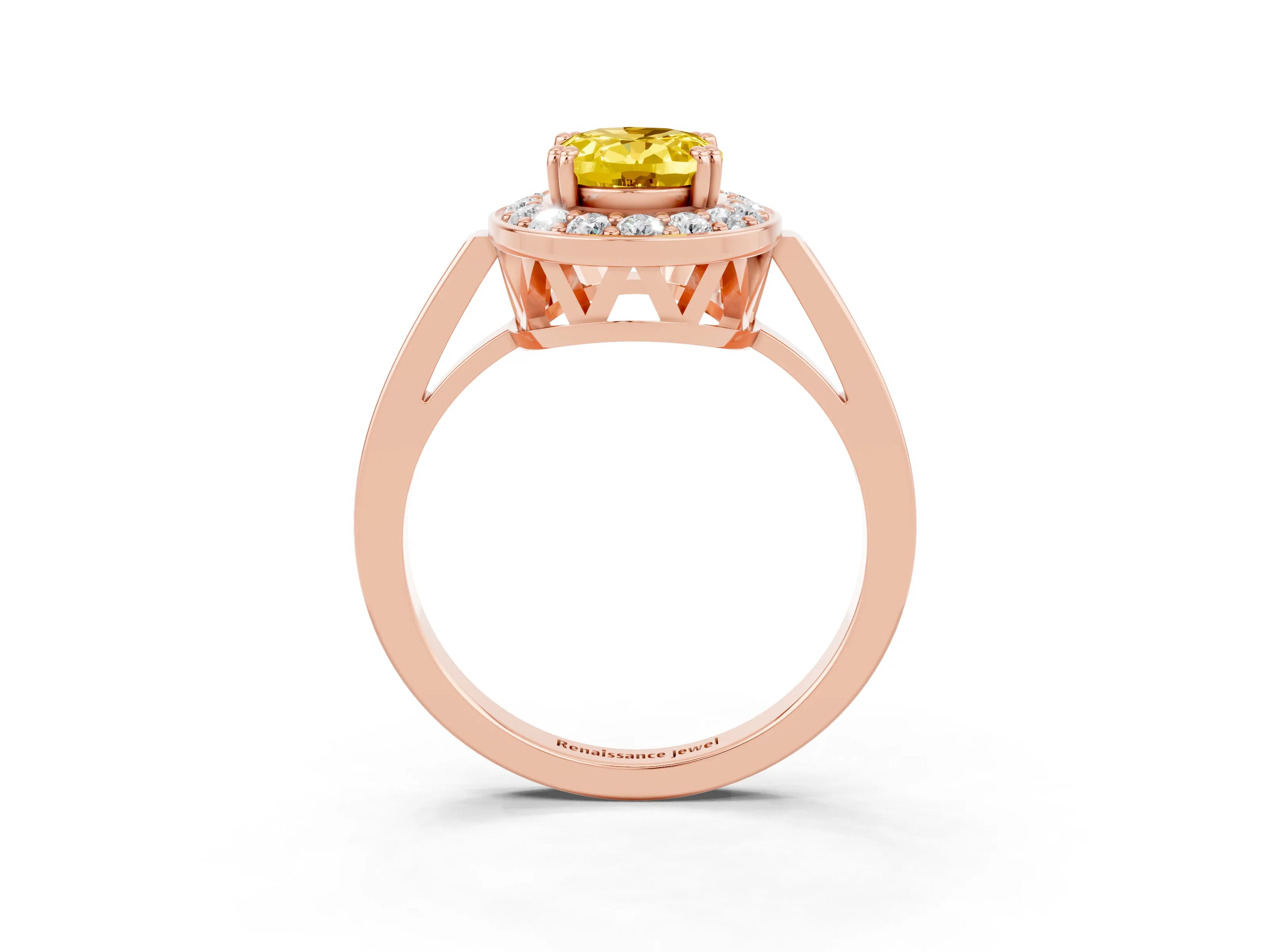 Rose gold Oval Cut Yellow Sapphire Halo Ring with Split Shank and Four-Prong Setting_3