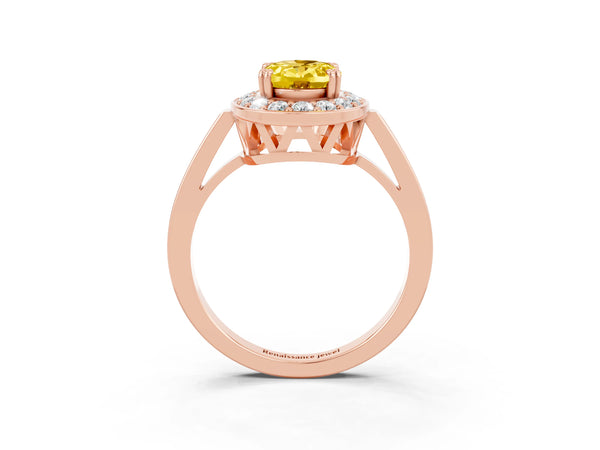 Rose gold Oval Cut Yellow Sapphire Halo Ring with Split Shank and Four-Prong Setting