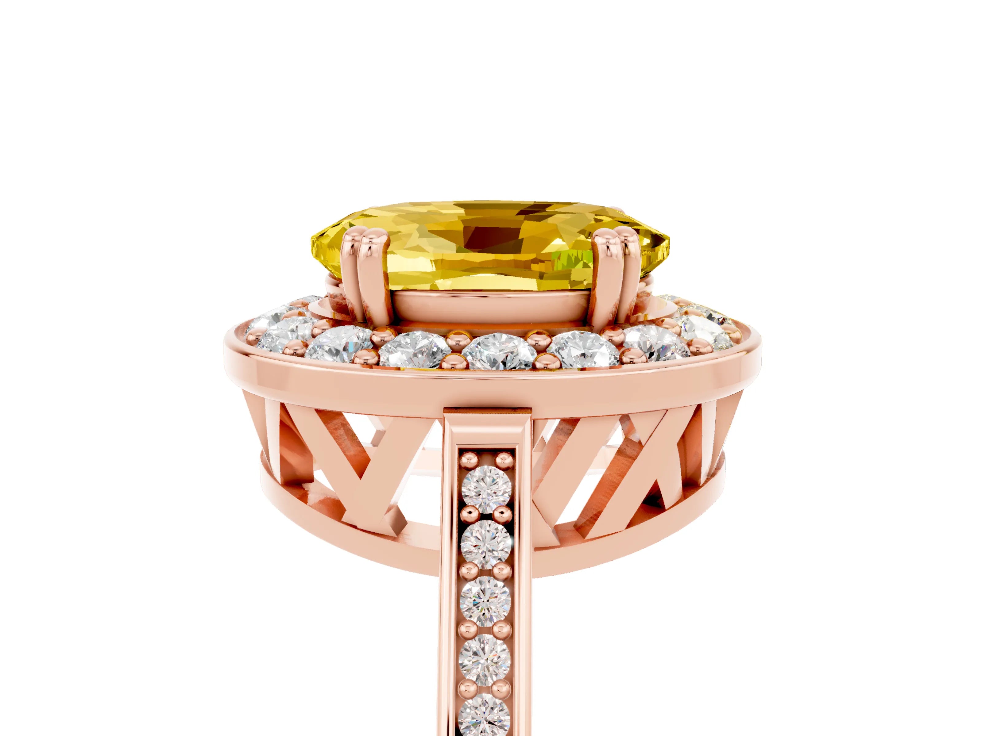 Rose gold Oval Cut Yellow Sapphire Halo Ring with Split Shank and Four-Prong Setting_5