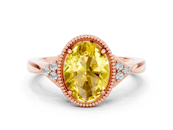 Rose gold Oval Cut Yellow Sapphire Halo Ring with Tapered Band and Four-Prong Setting