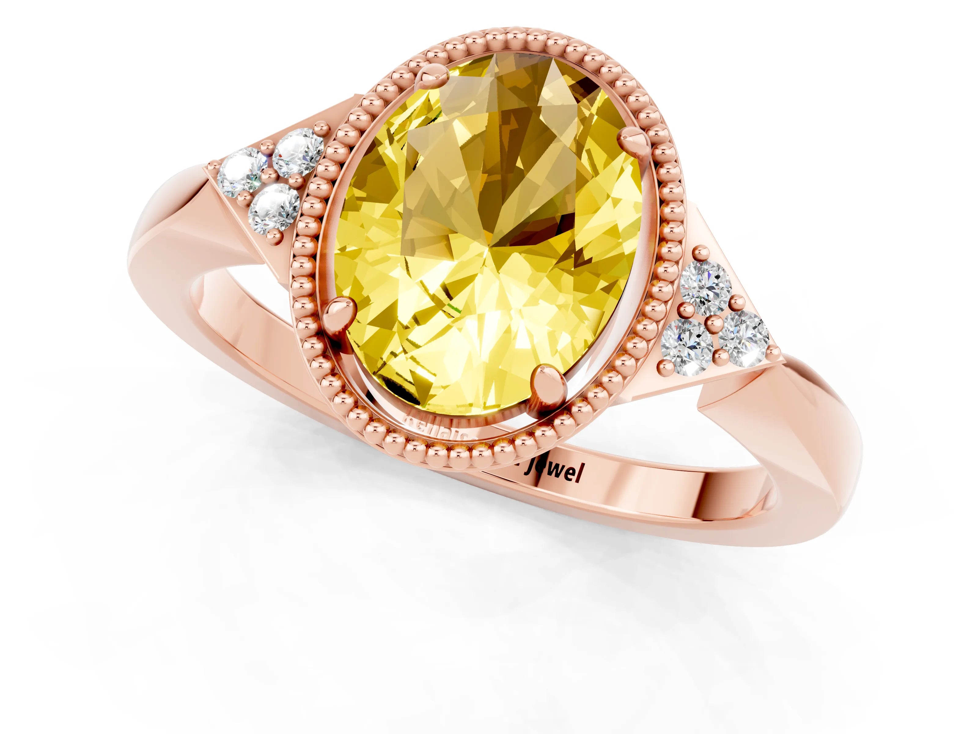Rose gold Oval Cut Yellow Sapphire Halo Ring with Tapered Band and Four-Prong Setting_1