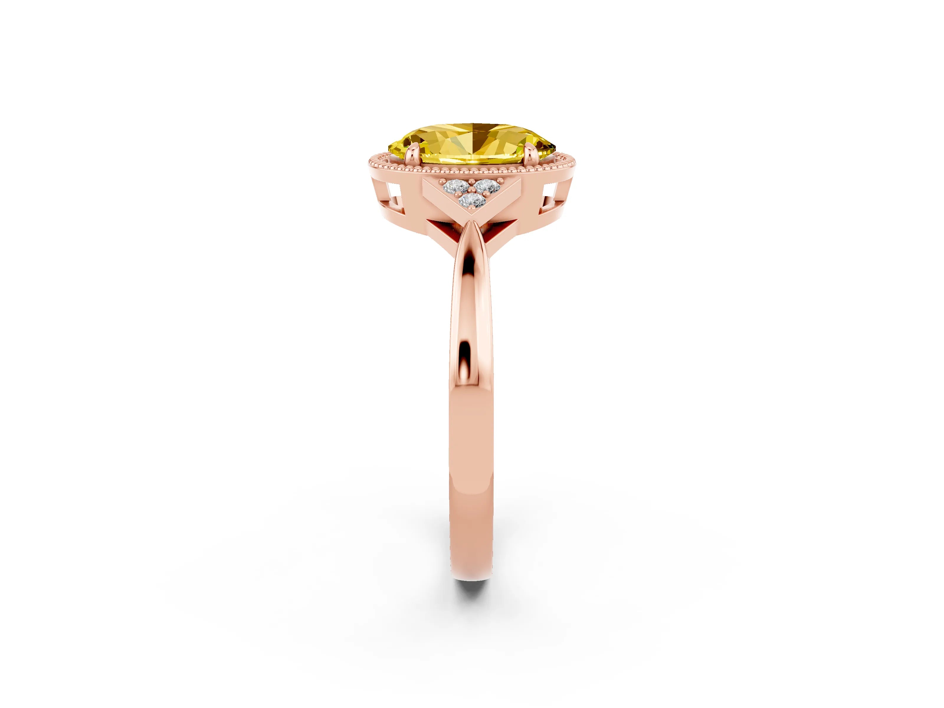 Rose gold Oval Cut Yellow Sapphire Halo Ring with Tapered Band and Four-Prong Setting_2