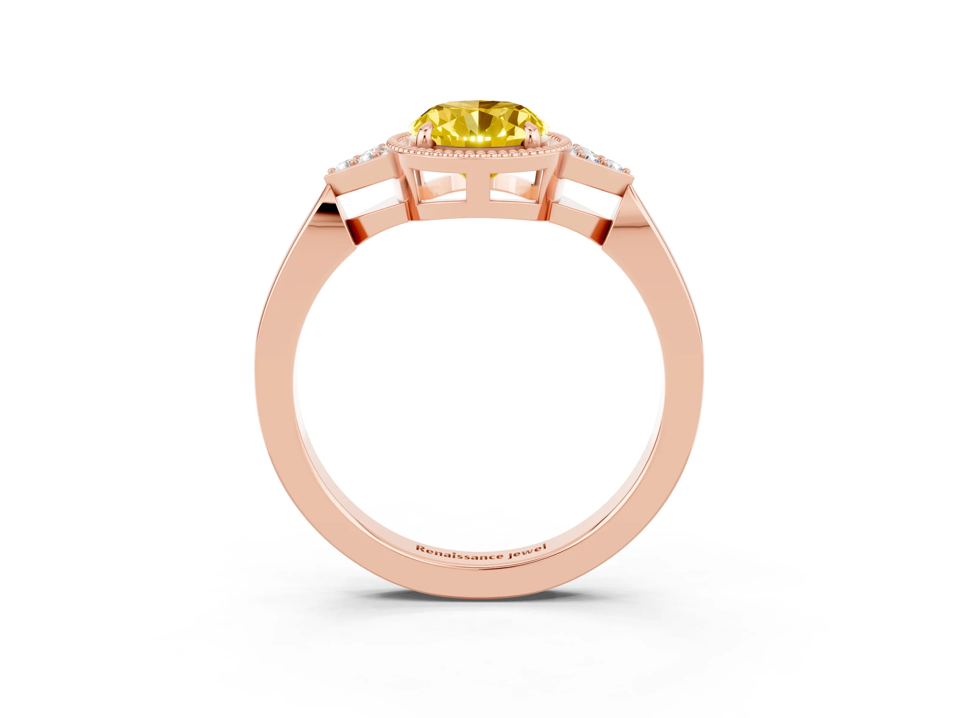 Rose gold Oval Cut Yellow Sapphire Halo Ring with Tapered Band and Four-Prong Setting_3
