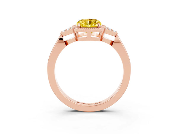 Rose gold Oval Cut Yellow Sapphire Halo Ring with Tapered Band and Four-Prong Setting