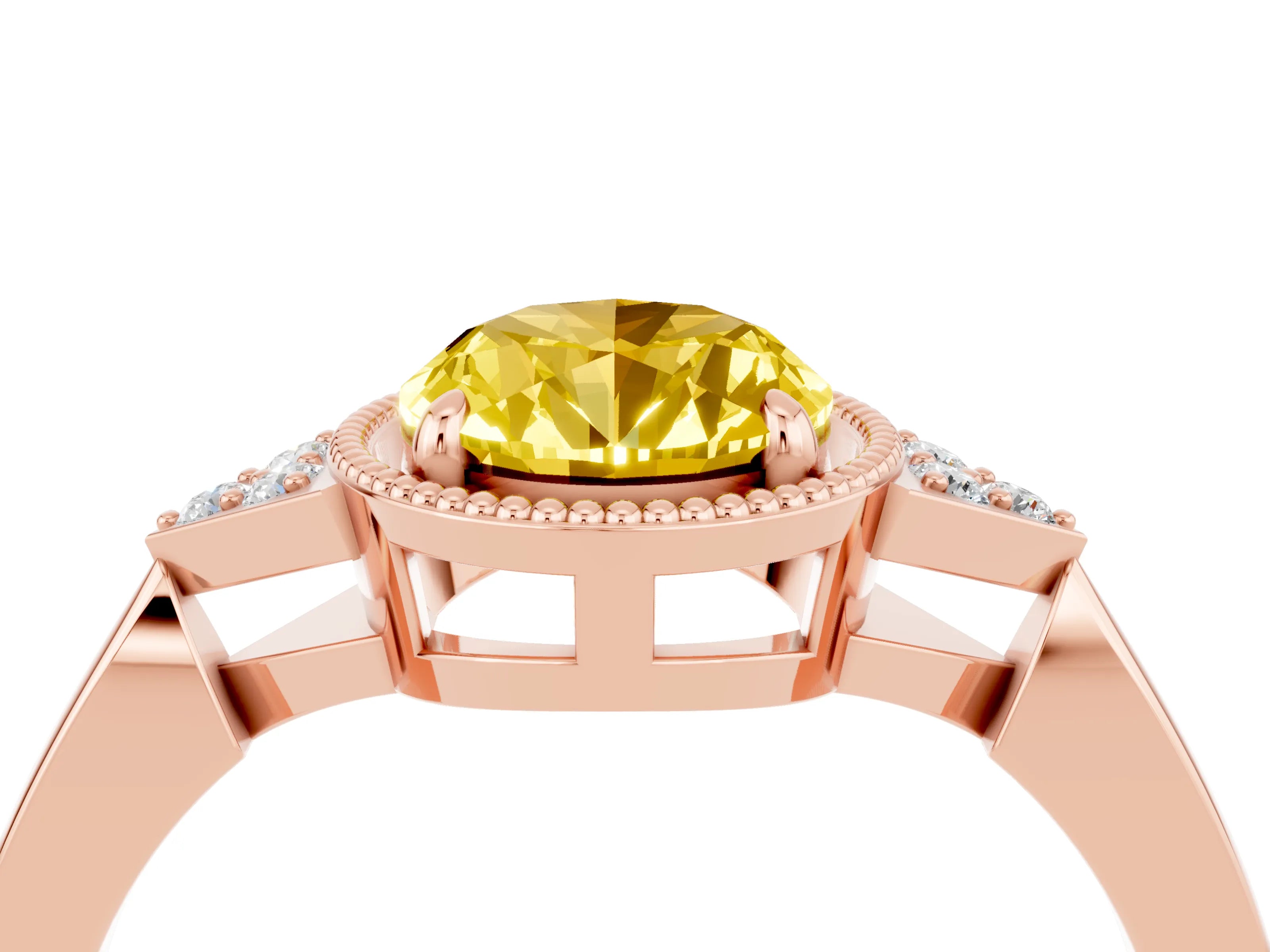 Rose gold Oval Cut Yellow Sapphire Halo Ring with Tapered Band and Four-Prong Setting_4