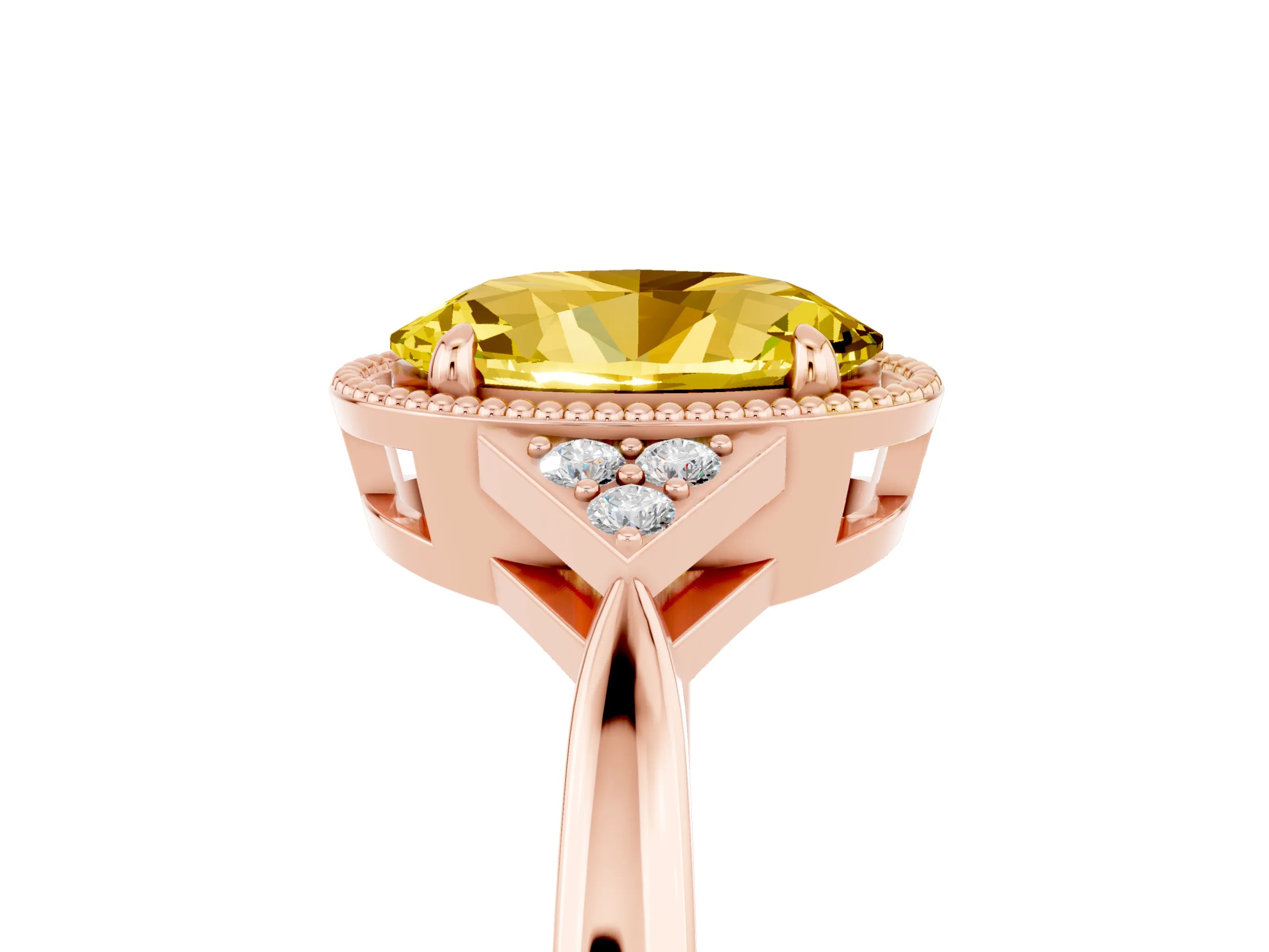 Rose gold Oval Cut Yellow Sapphire Halo Ring with Tapered Band and Four-Prong Setting_5