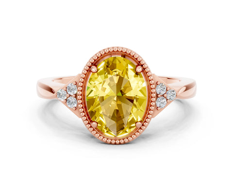 Rose gold Oval Cut Yellow Sapphire Halo Ring with Tapered Band and Four-Prong Setting