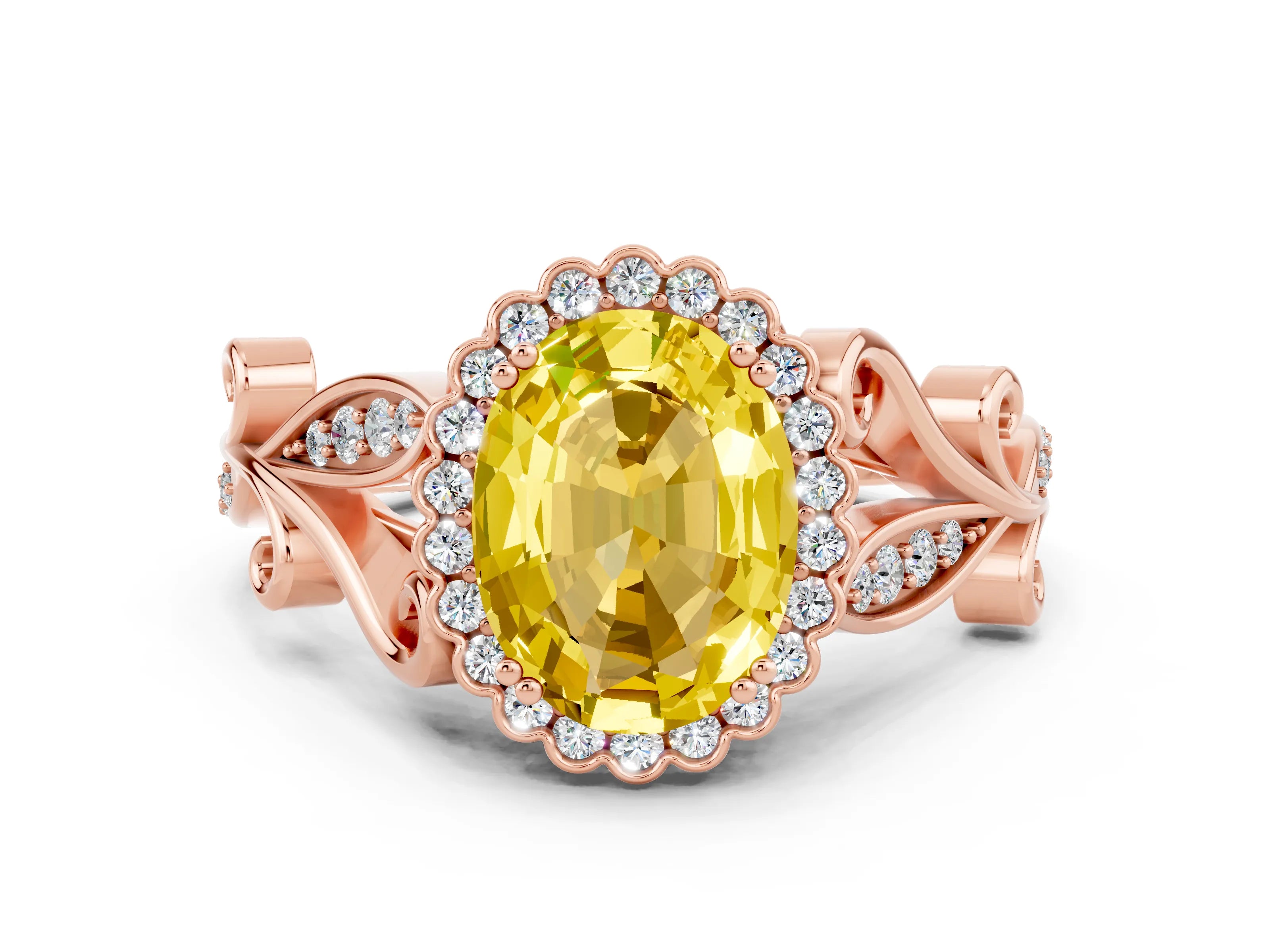 Rose gold Oval Cut Yellow Sapphire Halo Ring with Vintage Split Shank and Four-Prong Setting
