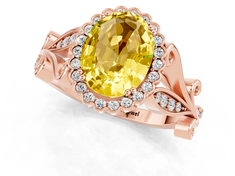 Rose gold Oval Cut Yellow Sapphire Halo Ring with Vintage Split Shank and Four-Prong Setting_1