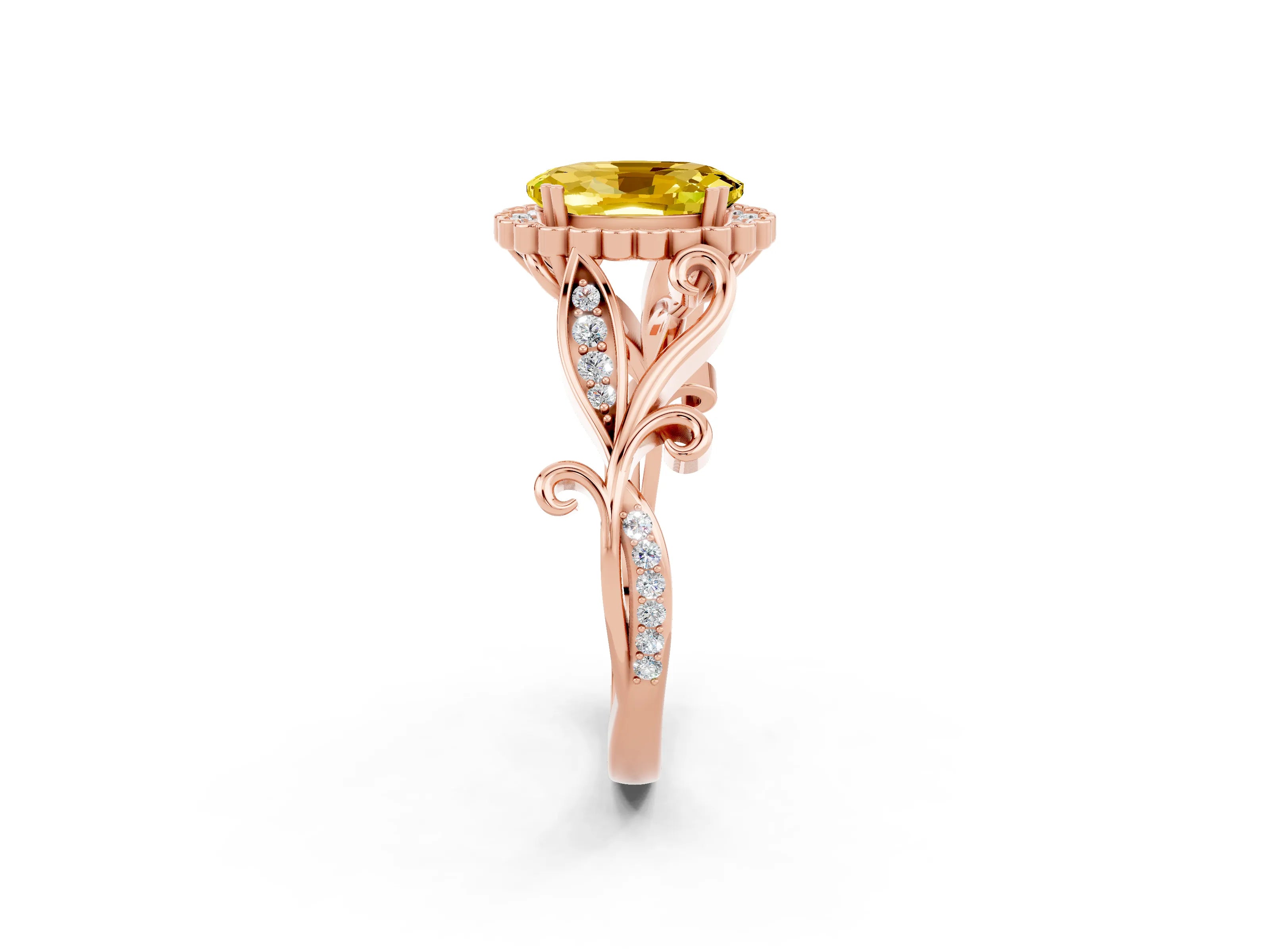 Rose gold Oval Cut Yellow Sapphire Halo Ring with Vintage Split Shank and Four-Prong Setting_2
