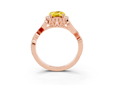 Rose gold Oval Cut Yellow Sapphire Halo Ring with Vintage Split Shank and Four-Prong Setting_3