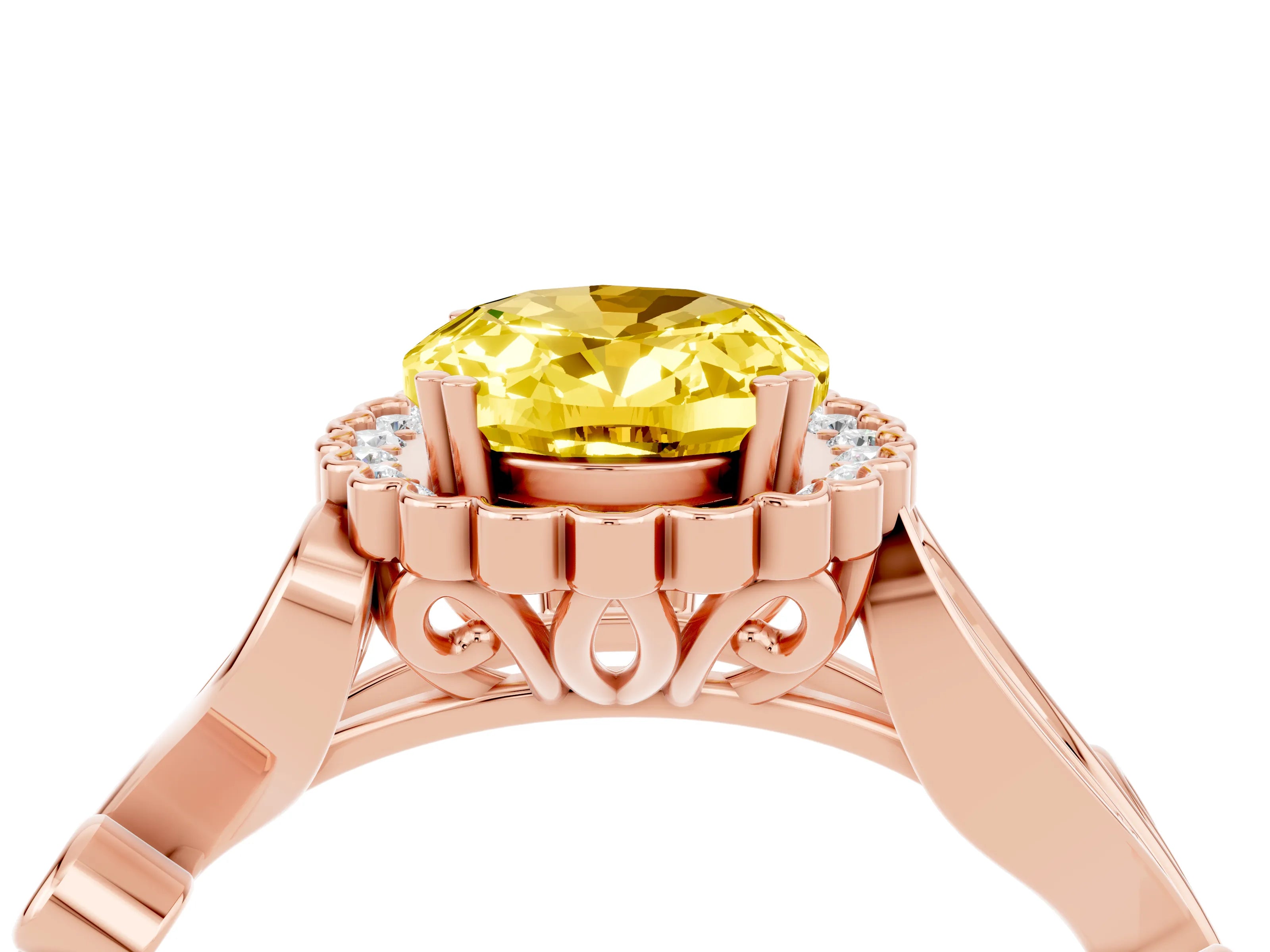 Rose gold Oval Cut Yellow Sapphire Halo Ring with Vintage Split Shank and Four-Prong Setting_4