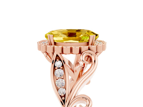 Rose gold Oval Cut Yellow Sapphire Halo Ring with Vintage Split Shank and Four-Prong Setting_5