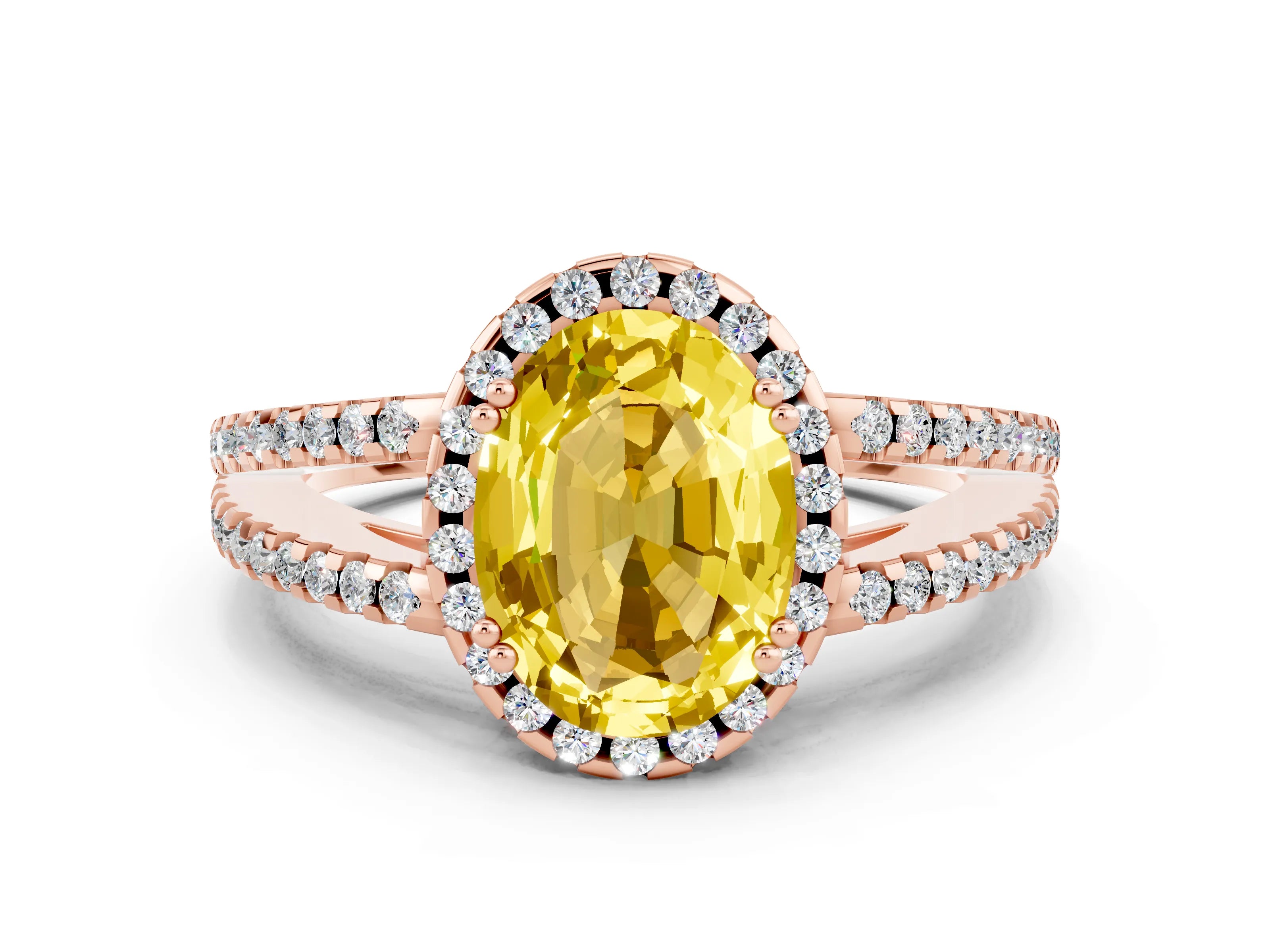 Rose gold Oval Cut Yellow Sapphire Halo Split Shank Engagement Ring_12