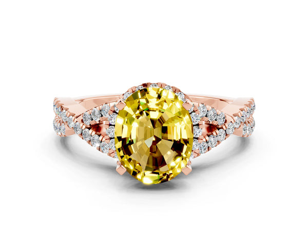 Rose gold Oval Cut Yellow Sapphire  Halo Twist Band Solitaire Prong Setting Ring