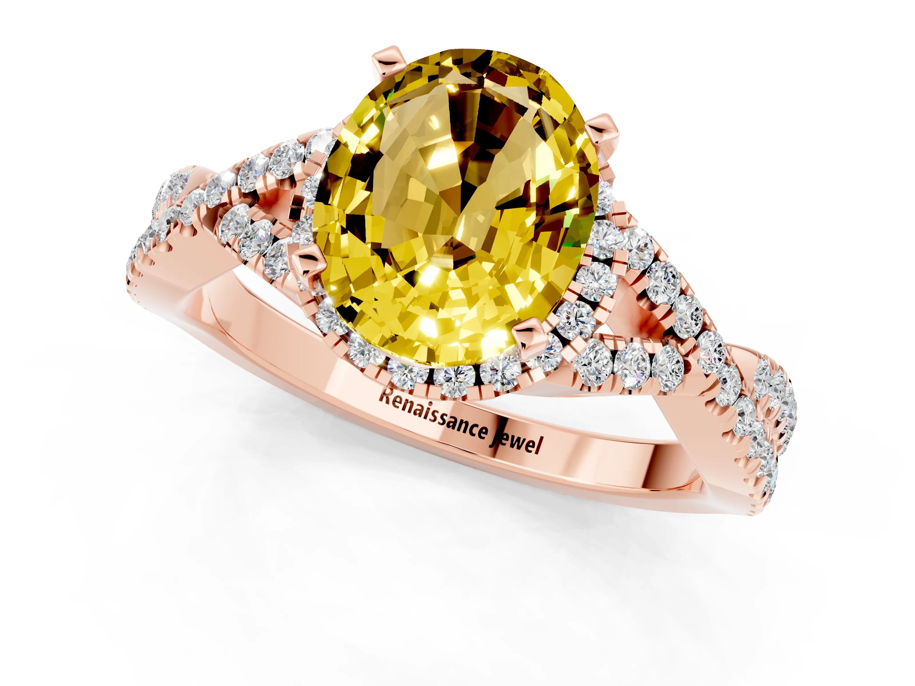 Rose gold Oval Cut Yellow Sapphire Halo Twist Band Solitaire Prong Setting Ring_25