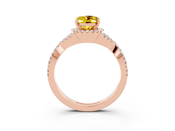 Rose gold Oval Cut Yellow Sapphire  Halo Twist Band Solitaire Prong Setting Ring