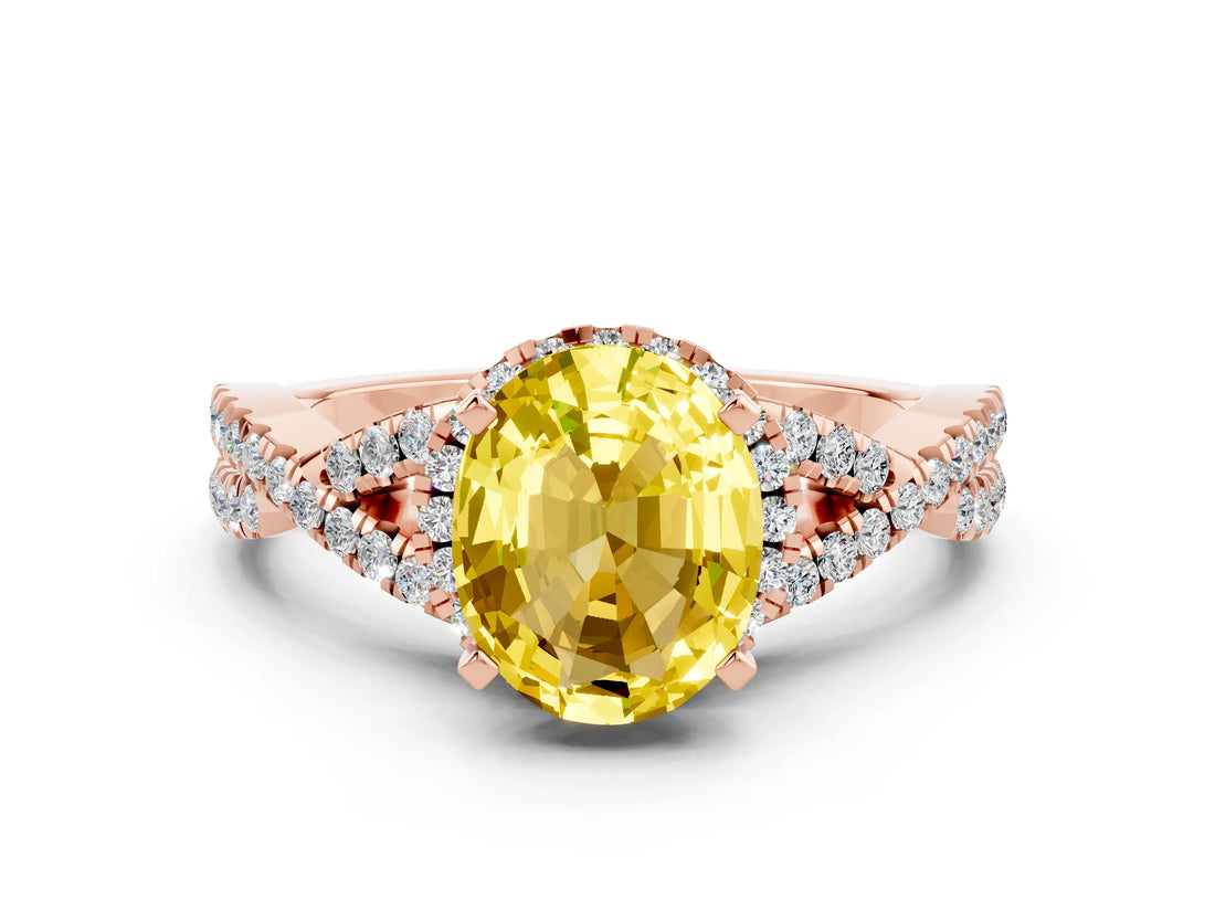 Rose gold Oval Cut Yellow Sapphire  Halo Twist Band Solitaire Prong Setting Ring_42