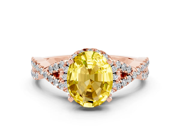 Rose gold Oval Cut Yellow Sapphire  Halo Twist Band Solitaire Prong Setting Ring
