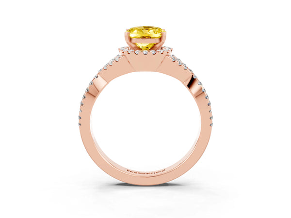Rose gold Oval Cut Yellow Sapphire  Halo Twist Band Solitaire Prong Setting Ring