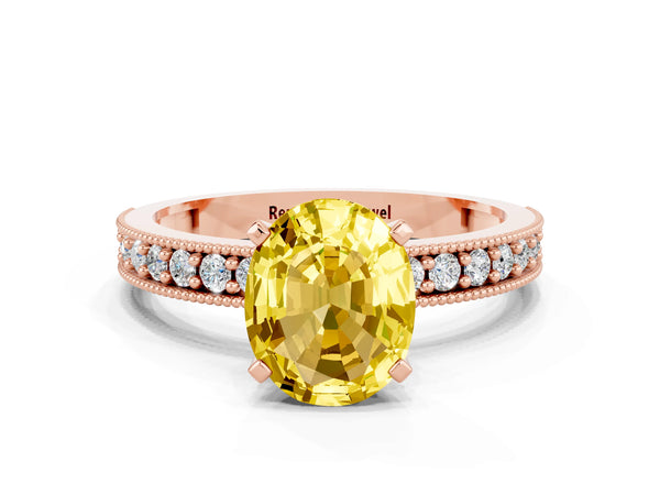 Rose gold Oval Cut Yellow Sapphire Milgrain Pavé Engagement Ring with Four-Prong Setting