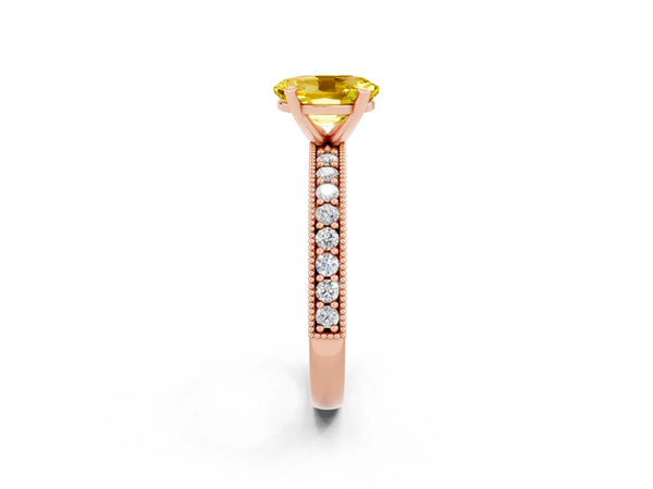 Rose gold Oval Cut Yellow Sapphire Milgrain Pavé Engagement Ring with Four-Prong Setting