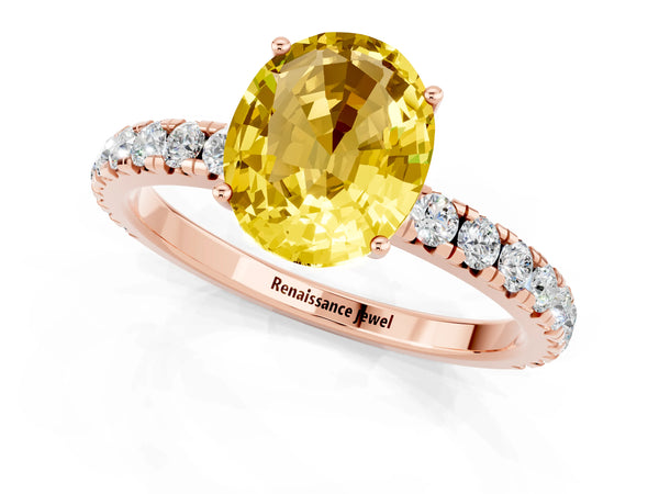 Rose gold Oval Cut Yellow Sapphire Pavé Solitaire Engagement Ring with Four-Prong Setting