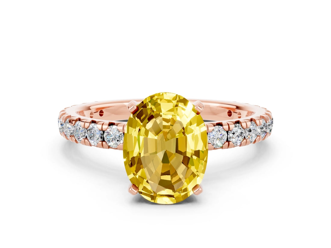 Rose gold Oval Cut Yellow Sapphire Pavé Solitaire Ring with Round Band and Prong Setting_12