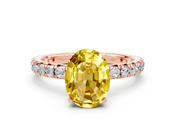 Rose gold Oval Cut Yellow Sapphire Pavé Solitaire Ring with Round Band and Prong Setting