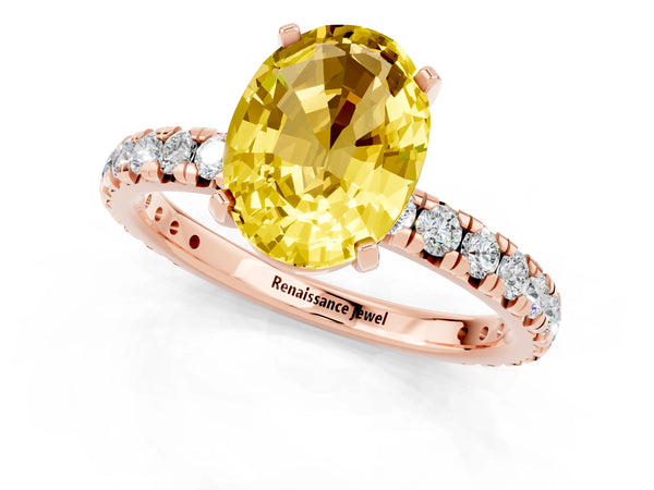 Rose gold Oval Cut Yellow Sapphire Pavé Solitaire Ring with Round Band and Prong Setting