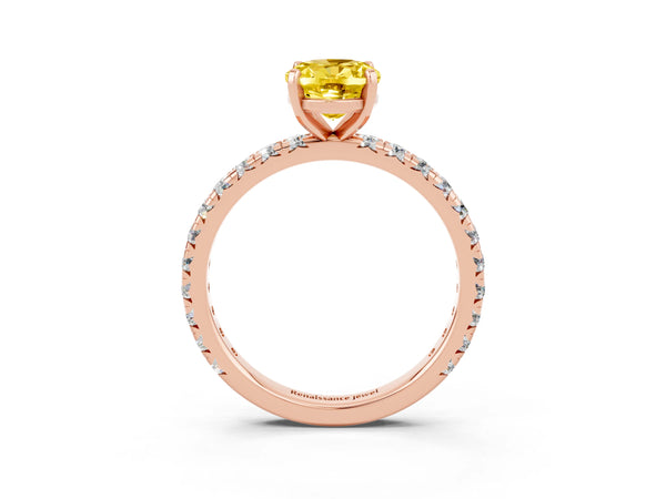 Rose gold Oval Cut Yellow Sapphire Pavé Solitaire Ring with Round Band and Prong Setting