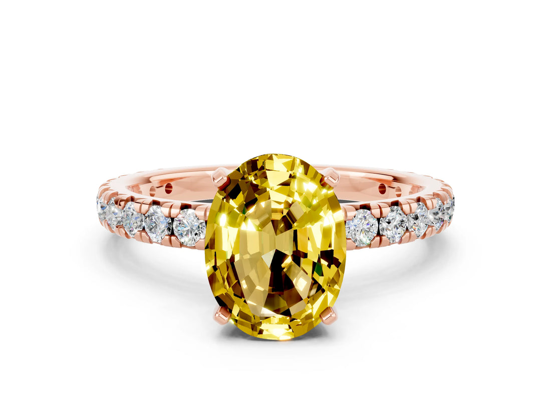 Rose gold Oval Cut Yellow Sapphire Pavé Solitaire Ring with Round Band and Prong Setting_24